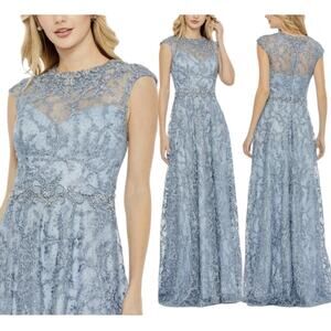 MAC DUGGAL 79430 Slate Blue Lace Embellished Cap Sleeve A-Line Size 14 $798